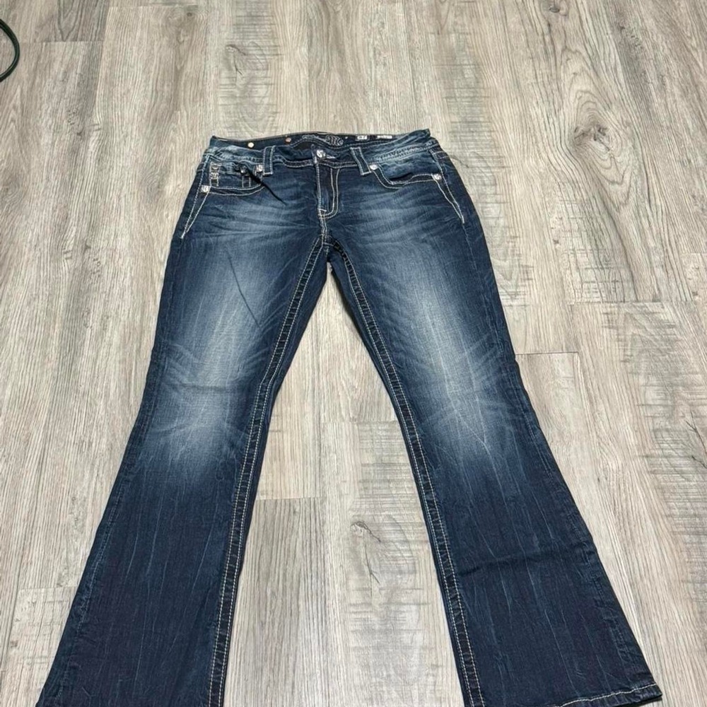 Miss Me Navy Blue Mid Rise Easy Boot Bootcut Jeans Lace Embellished Size 27